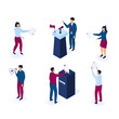 © LiluArt - Political voting Isometric people illustration . Tiny voters near a huge ballot box cast a vote. The candidate behind the tribune is campaigning