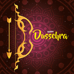 Poster - happy dussehra festival, golden arch and arrow with mandala on background vector illustration design