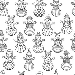 Wall Mural - Seamless pattern with funny snowmen, coloring page