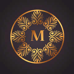 Sticker - gold luxury letter M in frame circular vector illustration design