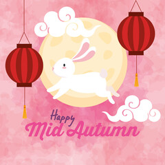 Sticker - chinese mid autumn festival with rabbit, full moon, clouds and lanterns hanging vector illustration design