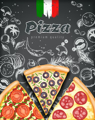 Wall Mural - Color pizza poster. Savoury pizza ads with 3d illustration rich toppings dough on engraved style chalk doodle background. Vector banner for cafe, restaurant or food delivery service. Top view