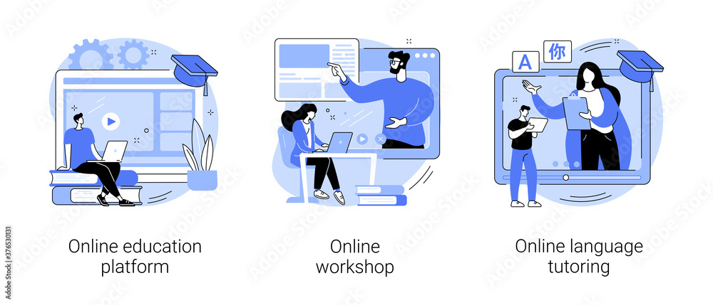 Distance web learning abstract concept vector illustration set. Online ...