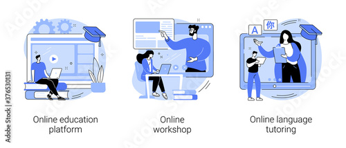 Distance web learning abstract concept vector illustration set. Online education platform, workshop and language tutoring, video call, educational webinar, personal tutor courses abstract metaphor.