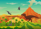 Fototapeta Dinusie - Prehistoric landscape - volcano with smoke, mountains, dinosaurs and green vegetation. Vector illustration of beautiful prehistoric landscape and dinosaurs