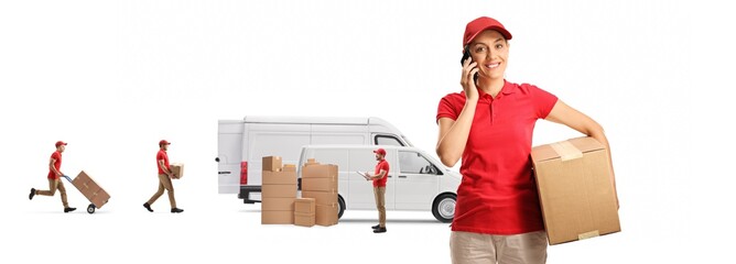 Wall Mural - White vans and a delivery woman holding a cardboard box and talking on a smartphone