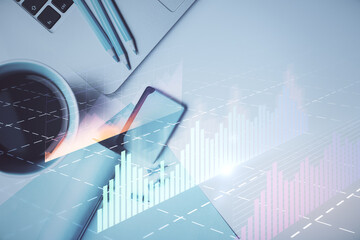 Aufkleber - Double exposure of forex graph drawing over desktop background with computer. Concept of financial analysis. Top view.
