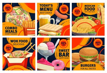 Sticker - Fast food combo meals sale promo posters. Vector pizza, cheeseburger and french fries with sandwich and beer. Sweet bar donut, pie and ice cream desserts. Burgers, wok noodles and tacos takeaway food