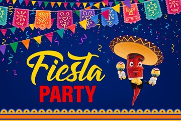 Poster - Mexican fiesta party vector poster. Cartoon pepper Mariachi character Mexico musician in sombrero and national costume playing maracas. Cinco de Mayo event invitation with flag garlands and fireworks