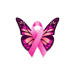 Wall Mural - Breast cancer awareness banner template with pink ribbon and butterfly