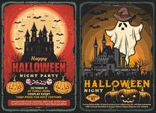 Halloween Haunted Houses Vector Design With Horror Night Ghost And Bats, Pumpkins And Trick Or Treat Candies, Spooky Moon, Graveyard And Cemetery Monsters. Halloween Holiday Party Invitations