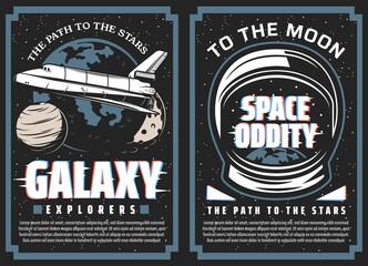 Poster - Galaxy explorers, space travel to stars vector banners. Space Shuttle orbiter flying in galaxy, Solar System planets and astronaut spacesuit helmet with planet Earth reflection. Moon program posters