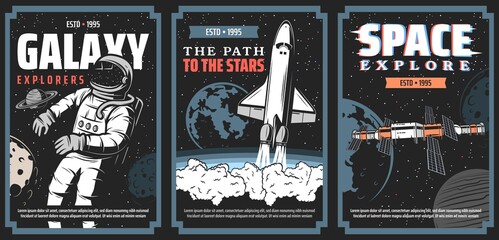 Poster - Space and galaxy explore program vector posters. Astronaut in cosmic vacuum, launching to stars shuttle spaceship, space station module flying in galaxy among planets. Aerospace science retro banners