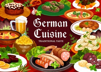 Sticker - German cuisine food vector banner. Hamburg and bavarian steak, pork rolls, soup with bacon, cheese and potato salad with mustard, cake with almond crumbs, blood sausage and beer in tankard glass