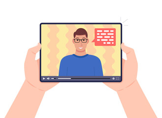 Poster - hands holding tablet with video online webinar on the screen. man talking on video. online learning,