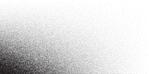 Wall Mural - Dotwork pattern vector background. Black noise stipple dots. Sand grain effect. Black dots grunge banner. Abstract noise dotwork pattern. Gradient stipple circles. Stochastic dotted vector background.
