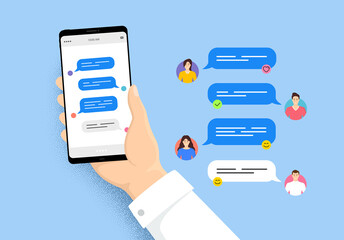 Hand holding phone with online messages. Smartphone with friends chatting. User characters of people. Speech bubbles on cellphone screen. Phone online messages. Friends conversation vector