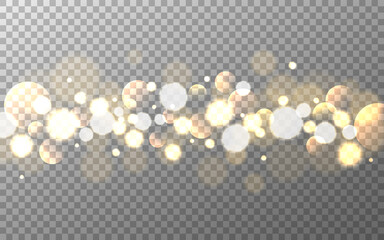 Poster - Bokeh gold on transparent background. Soft gradient circles and bubbles. Glowing smooth elements. Realistic blurred sparkles. Light effect isolated. Vector illustration