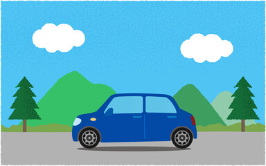  山沿いの道を進む青い自動車のベクターイラスト