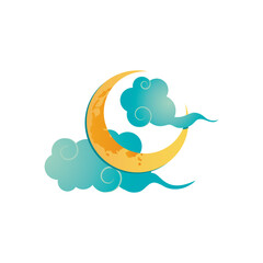 Sticker - oriental clouds and half moon icon, detailed style