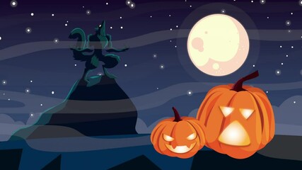 Wall Mural - happy halloween animation with werewolf and pumpkins