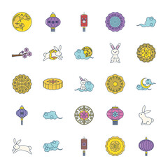 Sticker - icon set of mid autumn, line fill style