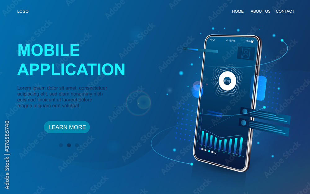 Mobile and online application development web page template showing oblique angle smartphone with on screen app and copyspace for text on blue, colored vector illustration - obrazy, fototapety, plakaty 
