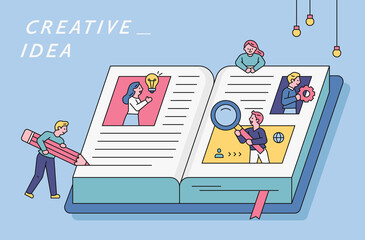 Poster - there is a large book open and people are looking for knowledge in it. flat design style minimal vec