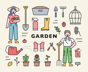 Gardening male and female characters and objects icon set. flat design style minimal vector illustration.