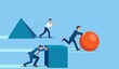 Winning strategy business concept. Competition. Enterprising businessman pushes sphere. Behind are pushing heavy load. Direction to victory. Effective achievement.