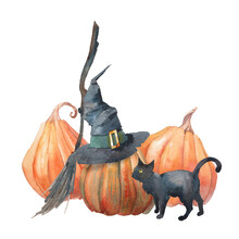 Watercolor Halloween Illustration. Hand Drawn Holiday Composition Isolated On White Background. Cat, Pumpkins, Broom With Witch Hat Isolated On White Background