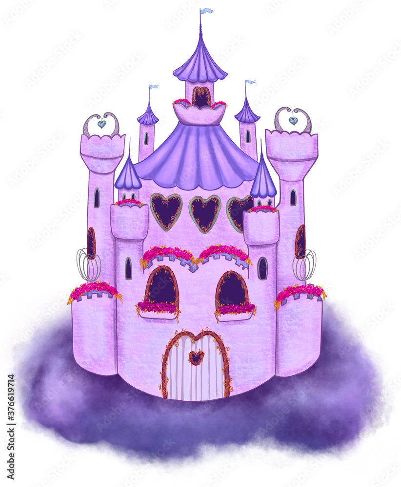 Princess castle clipart. Hand drawn fairy tale purple castle on the cloud.  Isolated on white background. Pink princess magic castle. Kids  illustration. Design for magic, fairy tale backgrounds, poster Stock  Illustration |, image size:822x1000