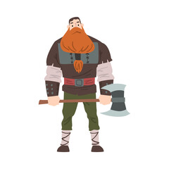 Sticker - Viking Warrior with Axe, Red Scandinavian Mythology Character in Traditional Outfit Cartoon Style Vector Illustrationr