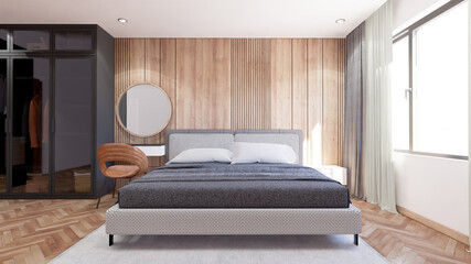 Interior of bedroom modern style has a coat cabinet beside. 3D illustration