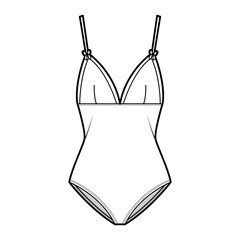 Sticker - Bodysuit technical fashion illustration with adjustable shoulder straps, medium-coverage briefs. Flat swim and underwear one-piece apparel template front white color. Women men unisex shirt top CAD