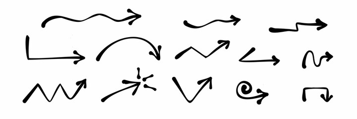 Fototapete - Hand drawn arrows doodle. Handmade sketch symbols set direction mark on a white background. vector illustration graphic design elements.