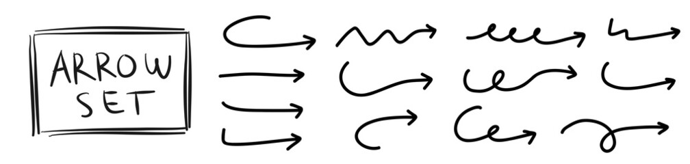 Fototapete - Hand drawn arrows doodle. Handmade sketch symbols set direction mark on a white background. vector illustration graphic design elements.