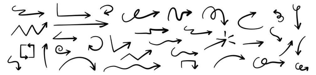 Fototapete - Hand drawn arrows doodle. Handmade sketch symbols set direction mark on a white background. vector illustration graphic design elements.