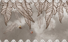 3d Illustration, Large Brown Abstract Feathers On A Gray Background, Two Butterflies, Small Silvery Flowers