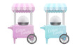 blue and pink vintage electric commercial cotton candy machine carts with tents. floss makers isolated on white background. 3d realistic vector illustration