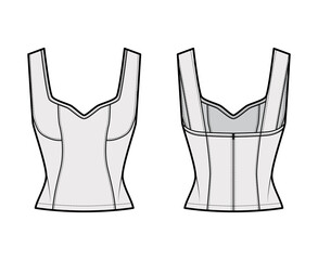 Wall Mural - Paneled corset-style top technical fashion illustration with Jewel neckline, close fit, back concealed zip fastening. Flat apparel template front, back grey color. Women men unisex shirt CAD mockup