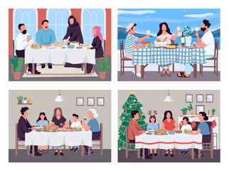 Poster - Traditional family dinners flat color vector illustration set. National meal for multinational people. Multiethnic 2D cartoon characters with interior and landscape on background collection