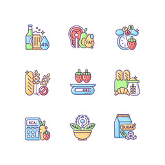 Sticker - Foodstuff for nourishment RGB color icons set. Alcohol drink. Good fats. Vitamin and mineral supplement. Gluten free. Serving information. Calorie count. Isolated vector illustrations