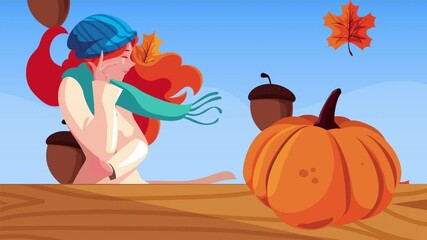 Poster - hello autumn animation with beautiful girl and pumpkin