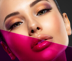 Wall Mural - beautiful white girl with bright eye-makeup. beautiful fashion woman with a colored items. glamour f
