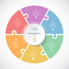 Wall Mural - vector infographic puzzle circular template. cycle diagram with 6 parts, options. can be used for ch