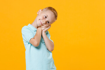 Wall Mural - Cute little fun male fair-haired kid boy 5-6 years old wearing stylish blue turquoise t-shirt polo sleep with folded hands under cheek isolated on yellow color wall background, child studio portrait.