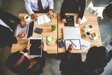 Wall Mural - Teamwork Concept. Collaboration Team Meeting Communication with Business Teamwork Working Together in Conference Room. Top view of Diversity Partner Business Meeting Trust in Businessman and Team.