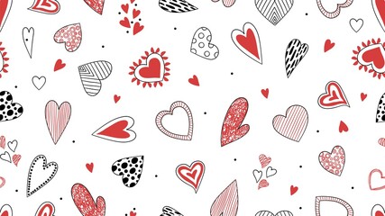 Wall Mural - Doodle hearts pattern. Hand drawn decorative love background, st. Valentine day vector illustration. Heart pattern seamless, wallpaper decorative