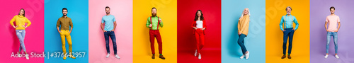 Plakat Full length photo collage amazing three ladies five guys hold hand pockets stylish youth cool wear multiple body view video call isolated different color pink red blue yellow purple background